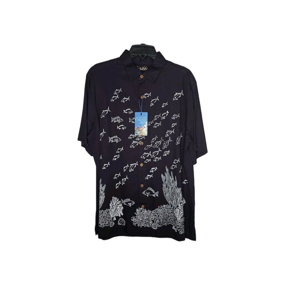 Caribbean Mens Large Shirt Plum Fish Coral Print Short Sleeve Button Up Camp